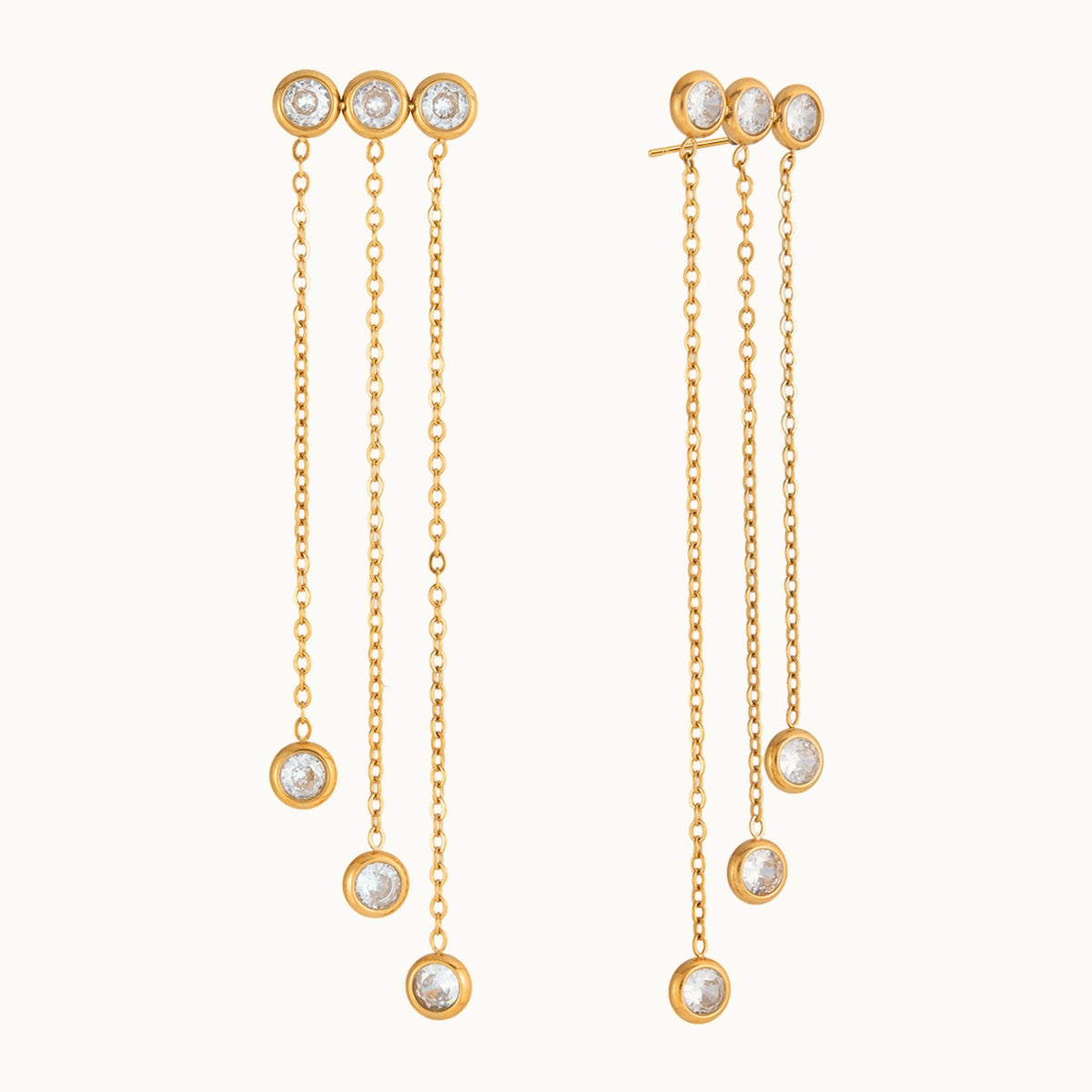 Durrah Earrings — Bezel Zircon Chain Drop Close-Up | Pellington