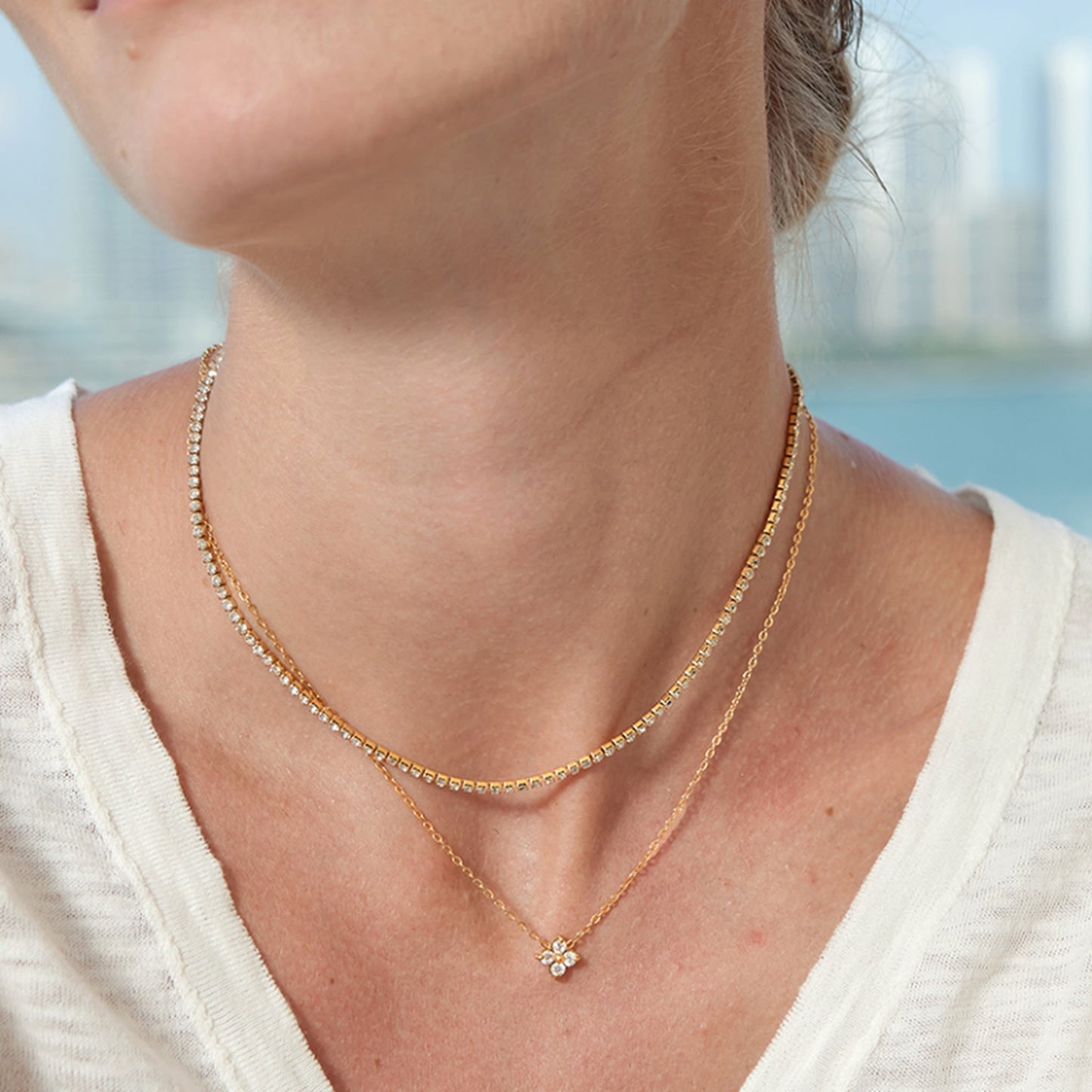 Zahra Layered Tennis Necklace — Styled on Model | Pellington