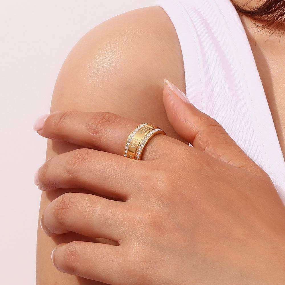 Girl Wearing 18k Gold Plated Roman Numerals Ring Band Shop at Mithra and Co.