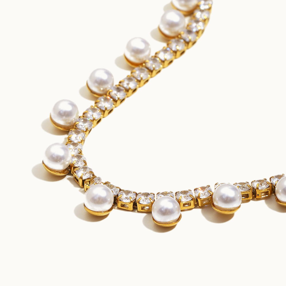 Dawlah Pearl Drop Tennis Necklace — Close-Up Detail | Pellington