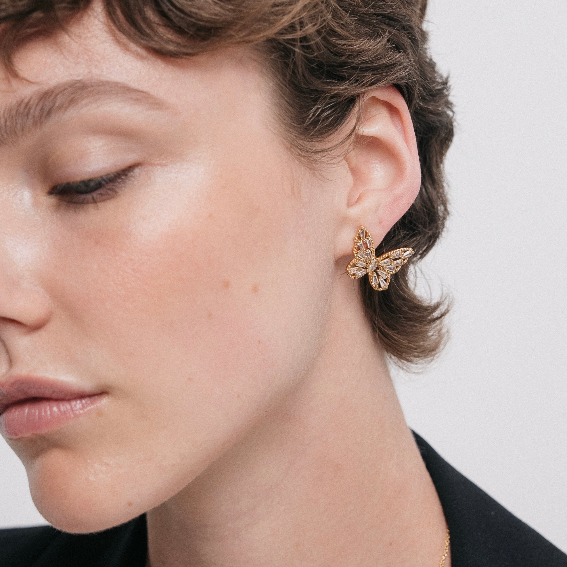 Farasha Butterfly Earrings — Styled on Model | Pellington UAE