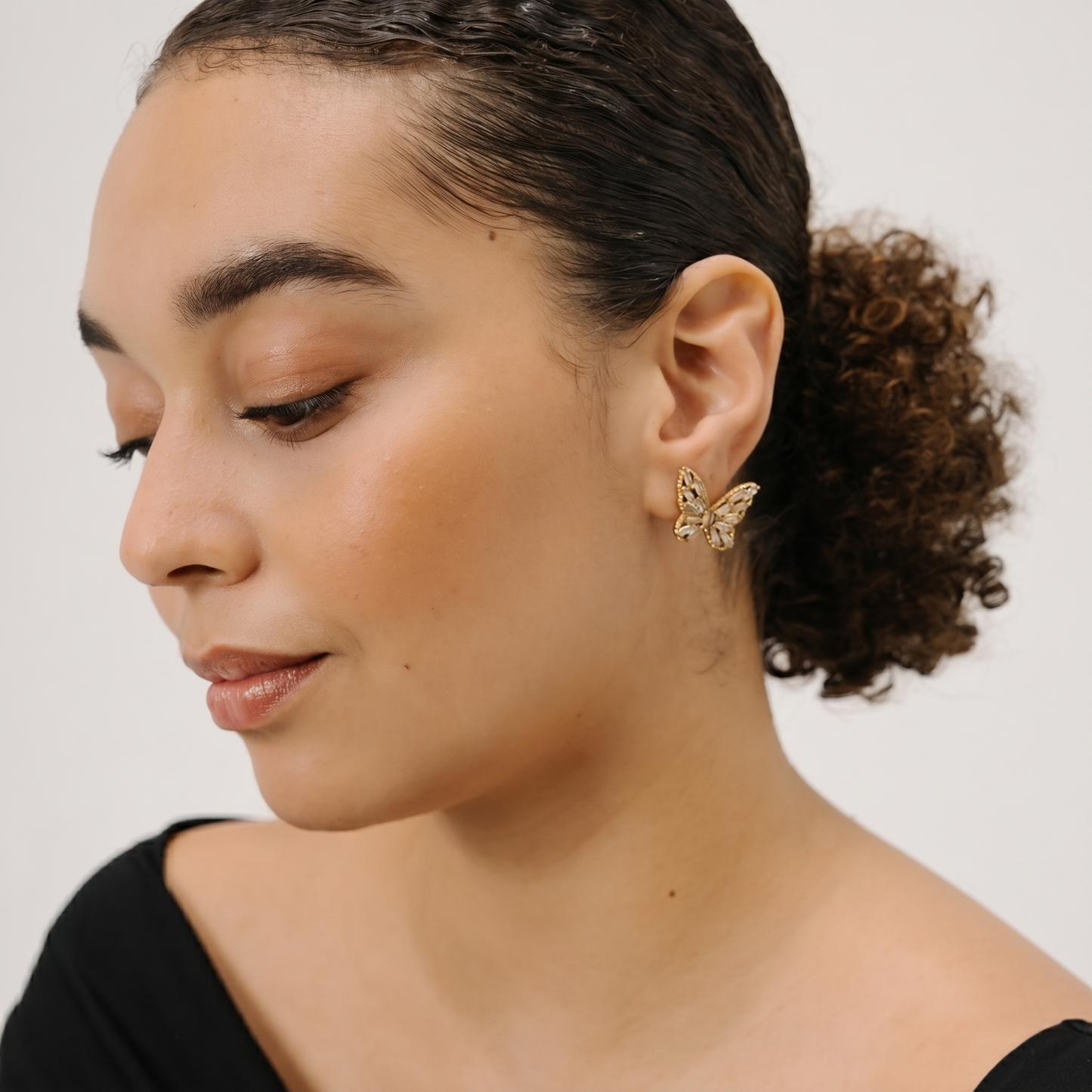 Farasha Butterfly Earrings — On Model | Pellington UAE