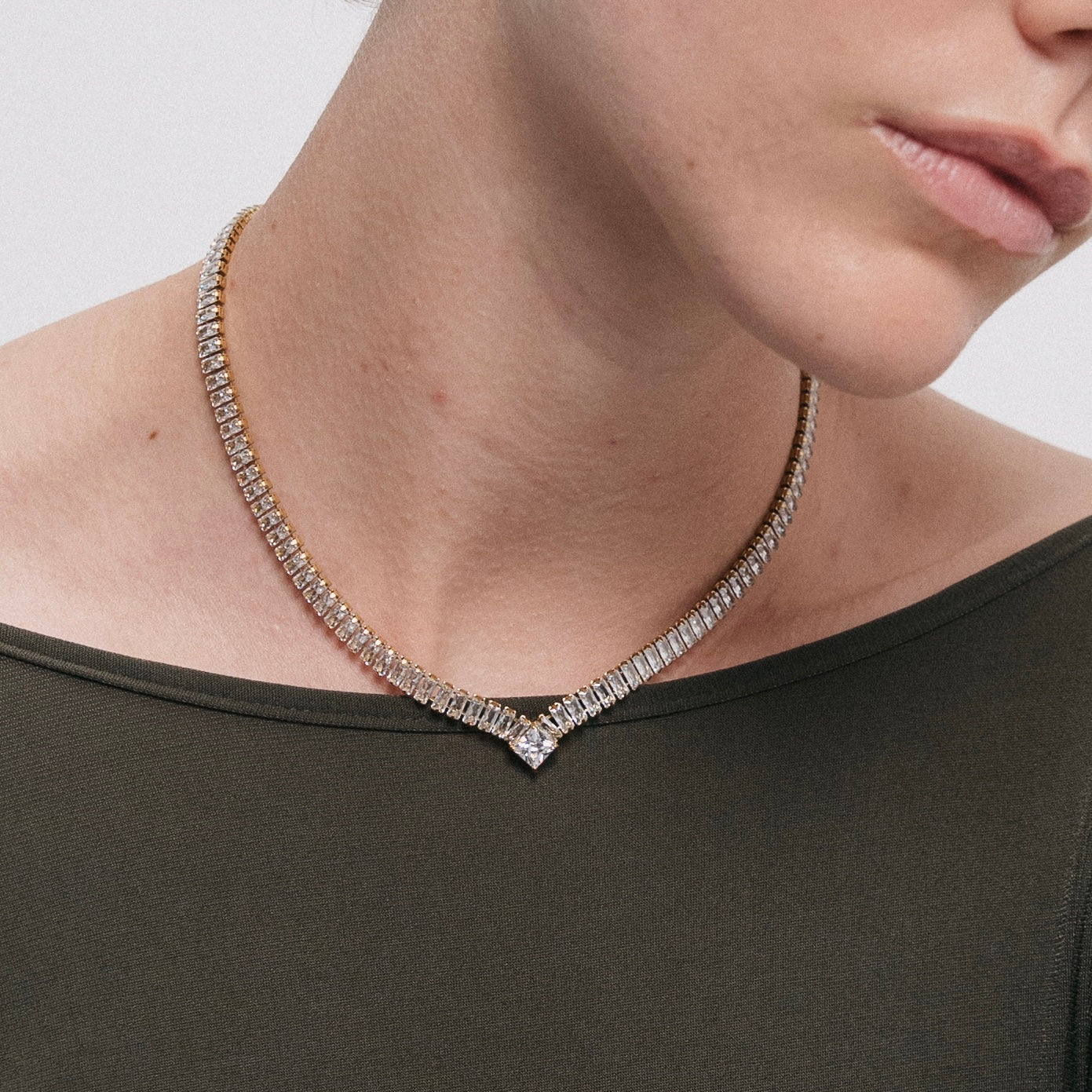 Woman wearing Ikhlas Tennis Necklace — 18k Gold Plated | Pellington
