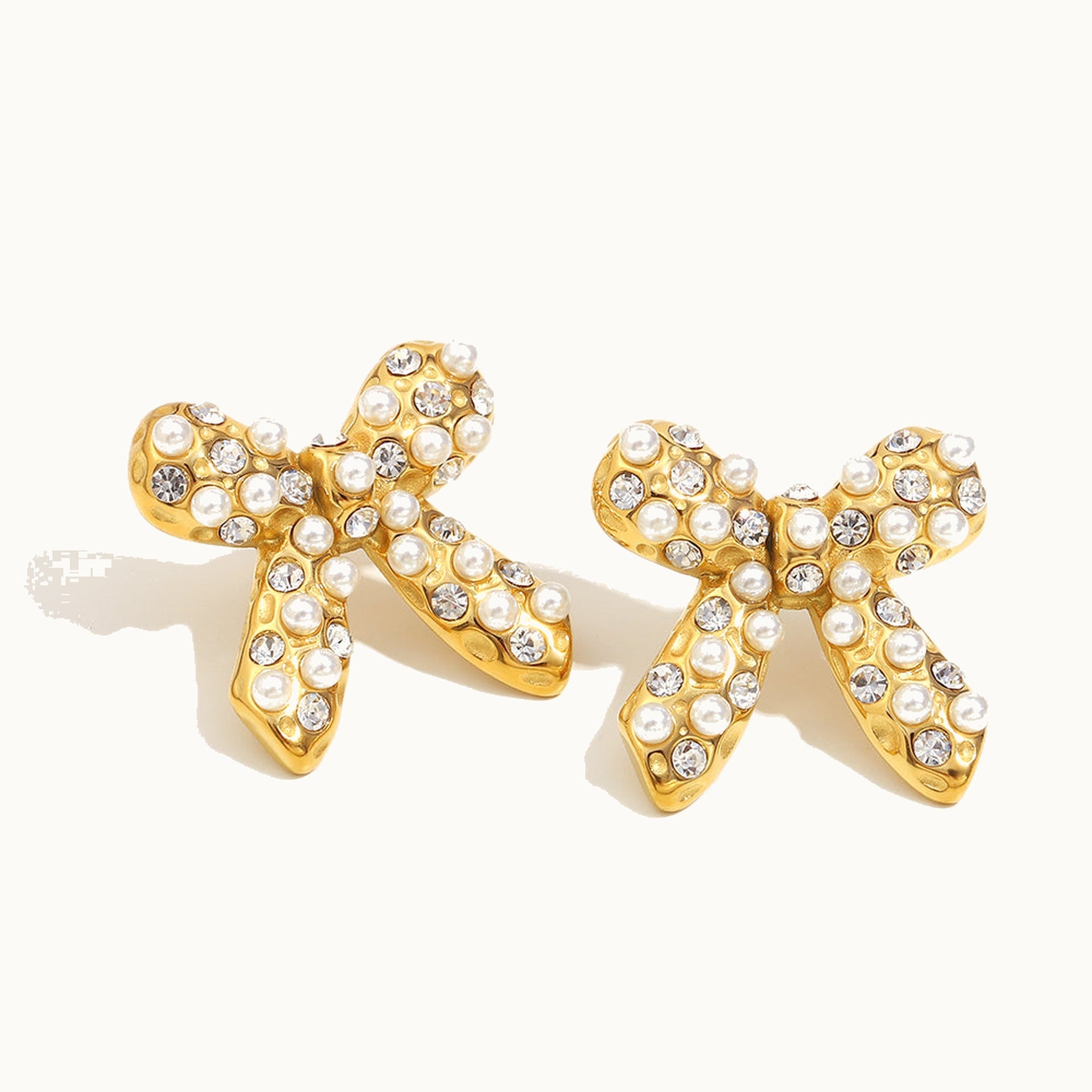 Bow Earrings — Pearl & Zircon Gold Bow Studs | Pellington