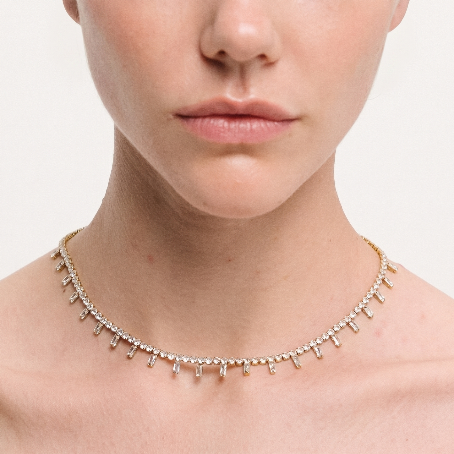 Malakiyah Baguette Tennis Necklace — Worn on Model | Pellington