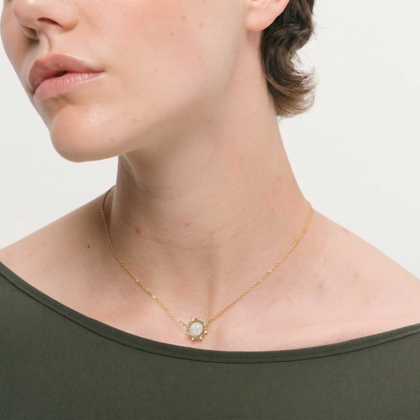 Woman wearing Shamsa Sunburst Opal Necklace | Pellington