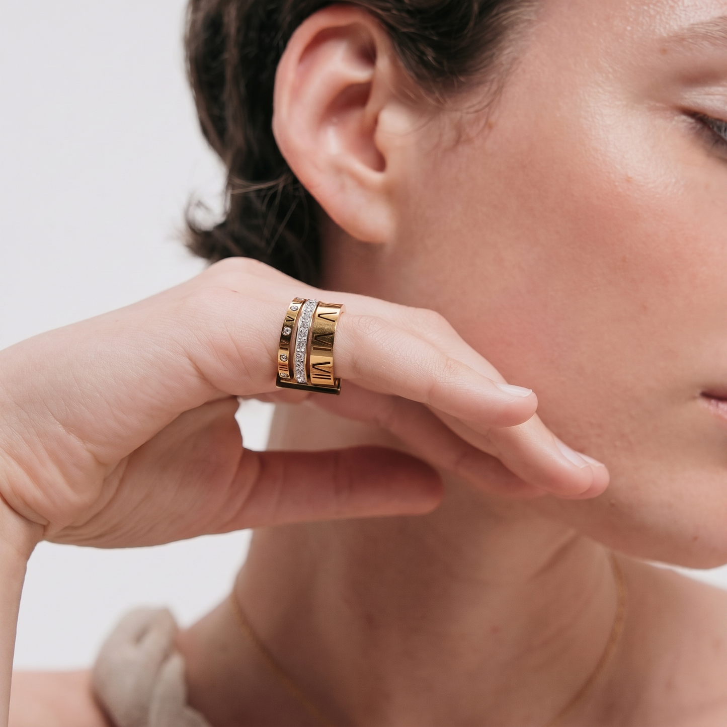 Thalatha Stacked ring on model